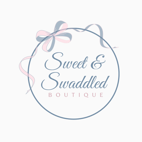 Sweet & Swaddled Boutique logo with soft blue and pink lettering inside a circular frame with a ribbon bow.